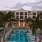 a pool in front of a building